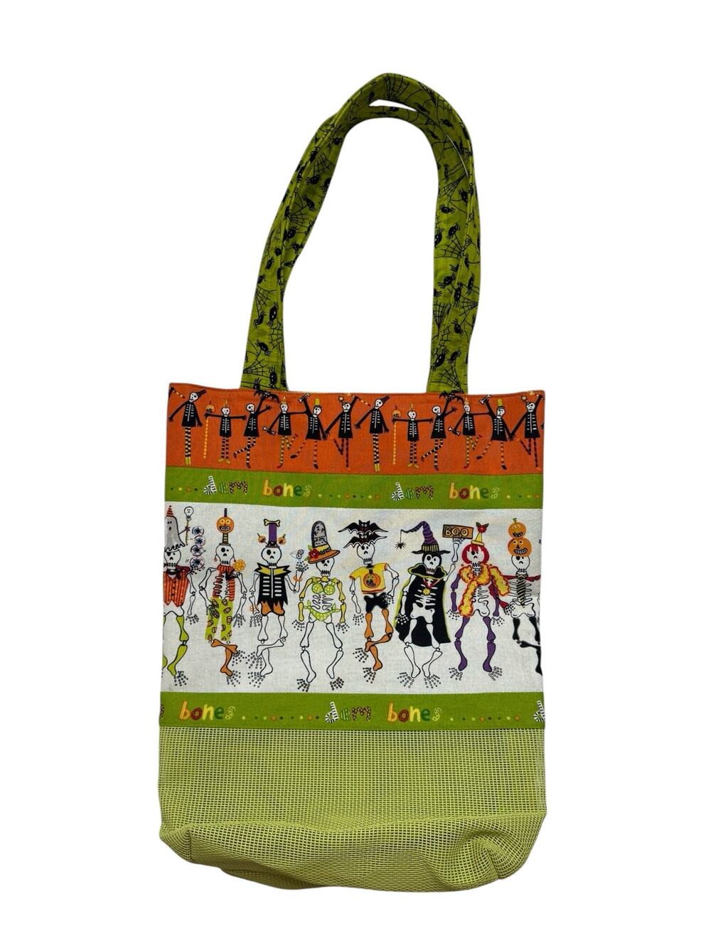 Handmade Halloween Silly Skeleton Dem Bones Tote Bag Mesh Green Orange Black